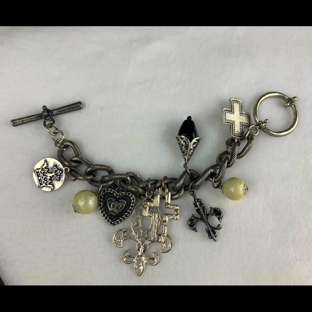 Silver Pearl Fleur De Lis Crosses Charm Bracelet